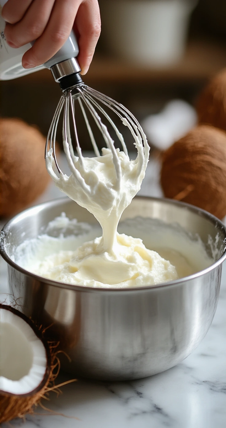 Kokosroom met Pure Chocoladeschaafsel: Het Makkelijkste No-Bake Dessert dat Je Ooit Zult Maken Close-up van een roestvrijstalen mengkom met luchtige kokosroom, opgeklopt met een elektrische mixer op een marmeren aanrecht, met een minimalistische keuken op de achtergrond.