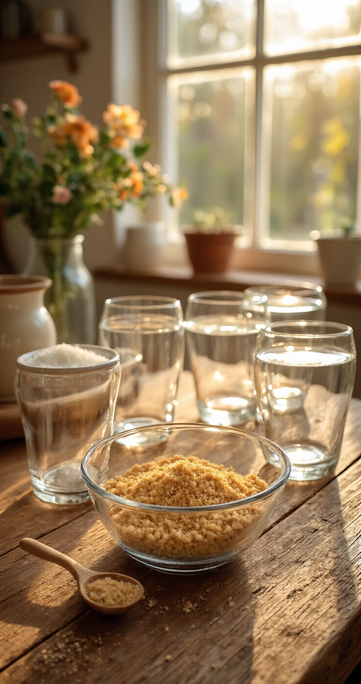Keto Frambozen Cheesecake Glaasjes: Het Makkelijkste Dessert Dat Je Op Keto Kunt Maken Een rustieke houten keukentafel met vier glazen serveerglaasjes, een mengkom met amandelmeel, kokosrasp, erythritol en gesmolten roomboter. Een houten spatel in het mengsel en een bokeh-achtergrond van een keuken.