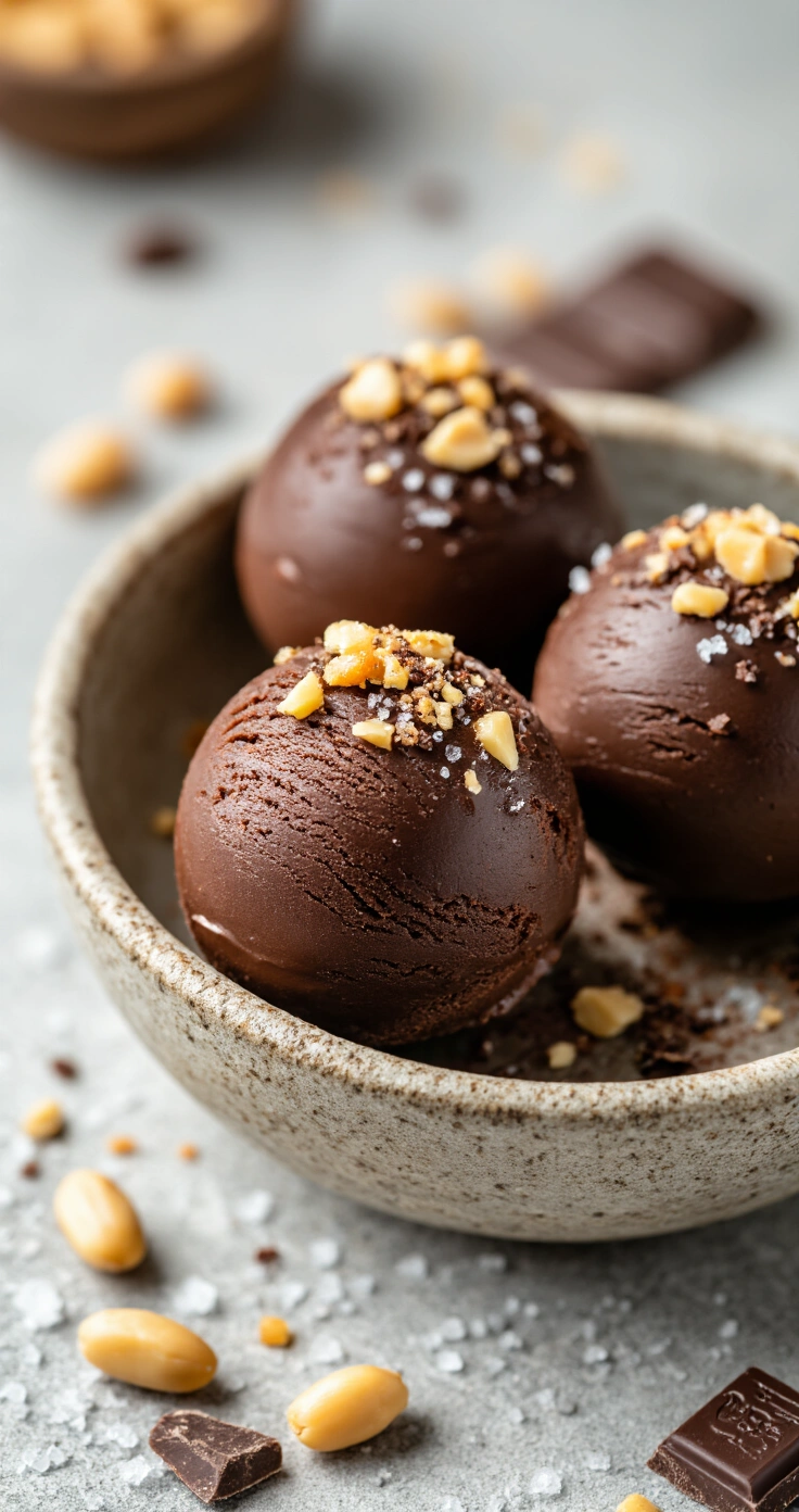 Chocolade-Pindakaas Ijs Zonder Suiker: Rijker dan Haagen-Dazs, Zonder de Schuldgevoelens Close-up van drie bollen suikervrij chocolade-pindakaasijs in een gekoeld stenen schaaltje, gegarneerd met pinda's, pure chocolade en zeezoutvlokken, met een druppel gesmolten chocolade. Achtergrond met frambozen en cacao nibs. Zilveren ijslepel rechtsonder.