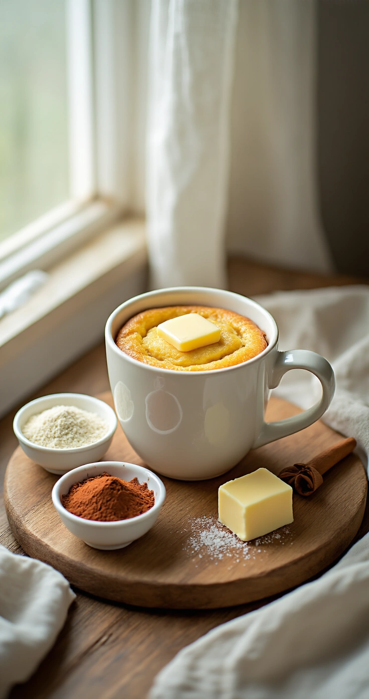 Keto Kaneelrol Mug Cake: De Snelste Kaneelrol die Je Ooit Hebt Gegeten Cinematisch bovenaanzicht van een rustiek houten werkblad met een grote witte mok en ingrediënten voor een keto mug cake: amandelmeel, erythritol, gemalen kaneel, gesmolten boter en een ei, omringd door een warm, natuurlijk licht.