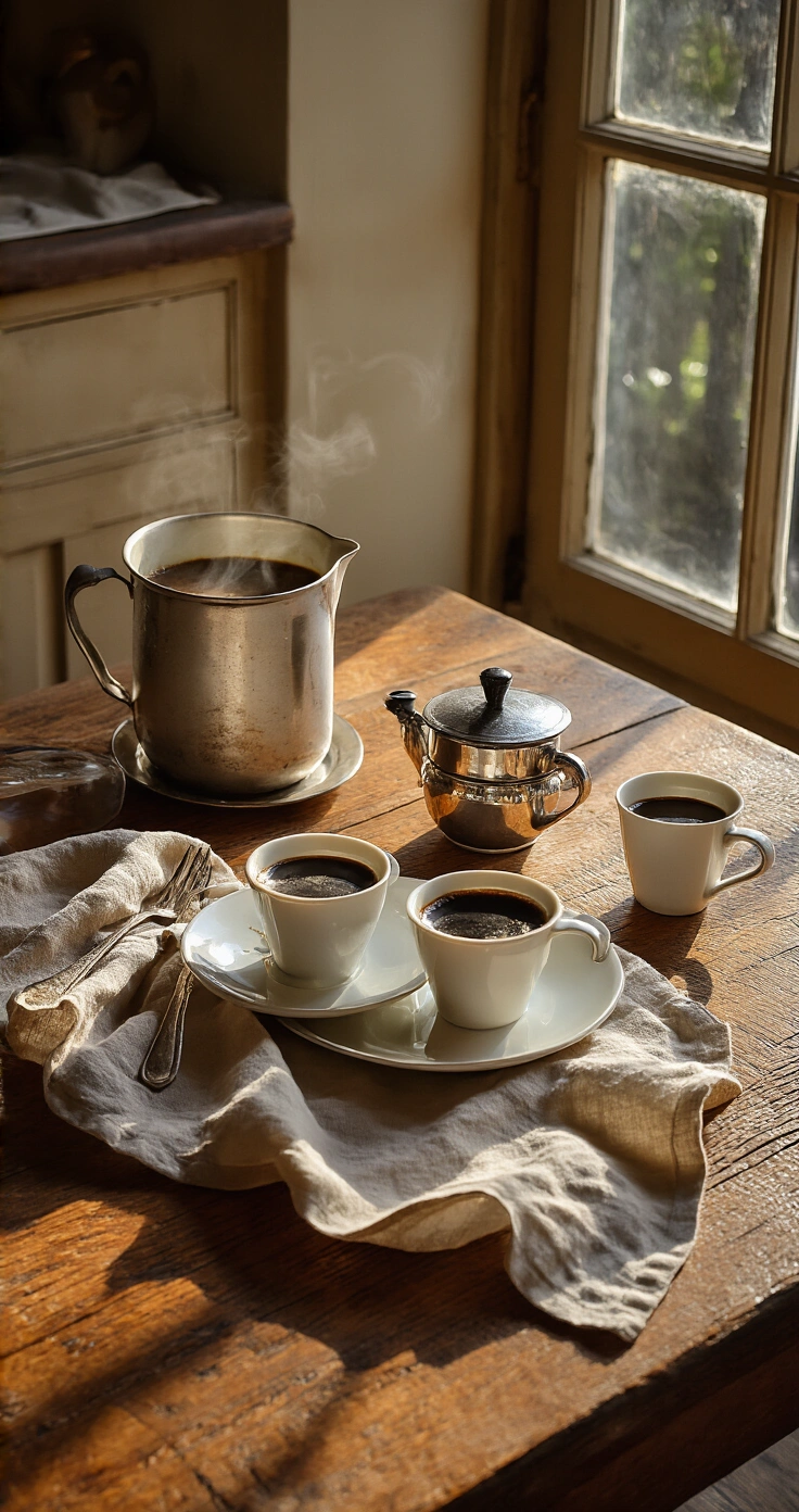 Mascarpone met Espresso en Cacao: Het Makkelijkste Koffiedessert in een Glas Een dramatisch verlichte houten keukentafel met vier dampende espressokopjes en een pot romige mascarpone, geplaatst naast een rustieke linnen doek en een zilveren garde, terwijl de zachte ochtendzon lange schaduwen werpt.