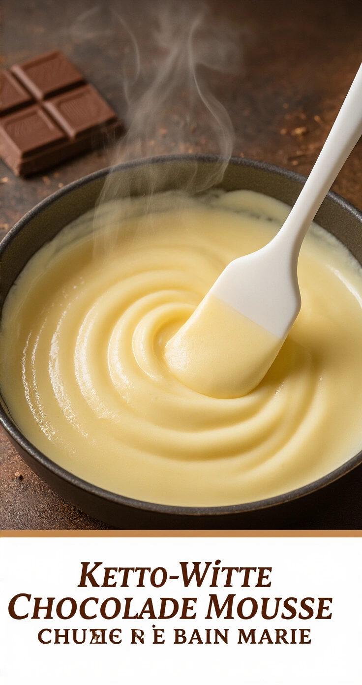 Keto Witte Chocolade Mousse (Suikervrij) – Romig, Luchtig en Zonder Schuldgevoel Cinematische close-up van smeltende suikervrije witte chocolade in een hittebestendige glazen kom boven een dampende pan, met een siliconen spatel die het mengsel roert, omringd door warme keukenverlichting en een rustieke houten ondergrond.