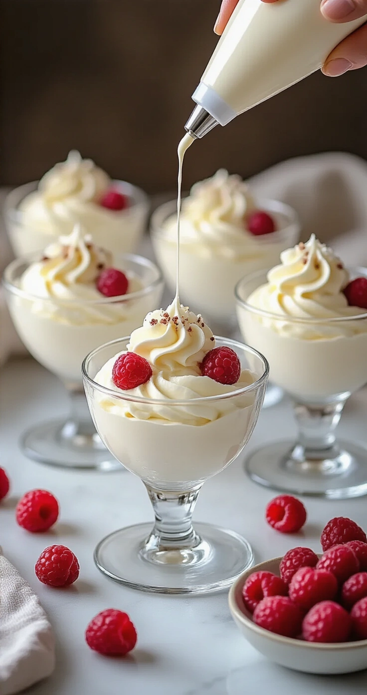 Keto Witte Chocolade Mousse (Suikervrij) – Romig, Luchtig en Zonder Schuldgevoel Elegante dessertglazen met romige witte mousse, versierd met frambozen, witte chocoladeschilfers en pecannoten, op een marmeren werkblad met natuurlijk daglicht.