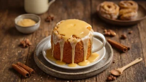 Keto Kaneelrol Mug Cake: De Snelste Kaneelrol die Je Ooit Hebt Gegeten Een grote witte mok met keto kaneelrol mug cake, besprenkeld met roomkaasglazuur, omringd door amandelmeel, erythritol, kaneel, boter en een ei op een rustiek houten werkblad met warme belichting.