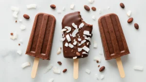 Keto IJslolly's van Kokos en Cacao: Romig, Chocoladerijk en Zonder Suiker Cinematische close-up van keto kokos-cacao ijslolly's, gedeeltelijk gedompeld in pure chocolade en bestrooid met kokosrasp en cacao nibs, op een lichtgrijze marmeren ondergrond met kokosmelk, cacaopoeder en erythritol op de achtergrond.