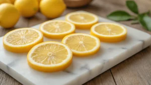 Keto Citroenreepjes met Amandelbodem Close-up van perfect gesneden keto citroenreepjes op een marmeren snijplank, met een goudbruine amandelbodem en stralende citroengele vulling, omringd door biologische citroenen, erythritol en gesmolten boter, met een delicate poedersuikersluier en decoratieve citroenzeste.