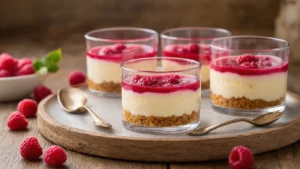 Keto Frambozen Cheesecake Glaasjes: Het Makkelijkste Dessert Dat Je Op Keto Kunt Maken Close-up van vier elegante glazen met keto frambozen cheesecake, met amandelbodem, romige vulling en een frambozenlaag, geserveerd op een rustieke houten tafel met verse frambozen en decoratieve ingrediënten op de achtergrond.