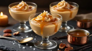 Keto Salted Caramel Mousse: Romig, Suikervrij en Onweerstaanbaar Lekker Close-up of elegant glass cups filled with keto salted caramel mousse, drizzled with caramel sauce and topped with sea salt, illuminated by candlelight against a dark background. A vintage silver spoon, pecan nuts, a copper saucepan, and vanilla pods are artistically arranged nearby.