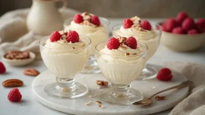 Keto Witte Chocolade Mousse (Suikervrij) – Romig, Luchtig en Zonder Schuldgevoel Cinematische close-up van elegante dessertglazen met suikervrije witte chocolade mousse, versierd met frambozen en pecannoten, op een marmeren werkblad met warme natuurlijke verlichting en een bokeh-achtergrond.