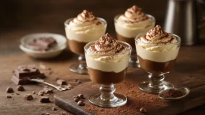 Mascarpone met Espresso en Cacao: Het Makkelijkste Koffiedessert in een Glas Close-up of elegant dessert glasses filled with creamy mascarpone espresso mousse, dusted with dark cocoa powder, on a weathered wooden kitchen table bathed in warm morning light. Accompanied by chocolate coffee beans, grated dark chocolate, and a rustic linen cloth, with a steaming espresso cup in the background. The mousse has a silky, airy texture with subtle swirls.