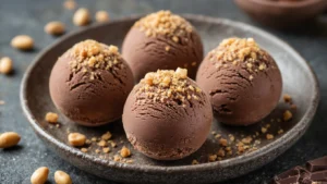 Chocolade-Pindakaas Ijs Zonder Suiker: Rijker dan Haagen-Dazs, Zonder de Schuldgevoelens Cinematische close-up van drie romige bollen suikervrij chocolade-pindakaasijs in een mat stenen schaaltje, gegarneerd met ongezouten pinda's, gesmolten pure chocolade en zeezoutvlokken, op een donker leisteen oppervlak met een vaag zichtbare achtergrond van frambozen en cacao nibs.