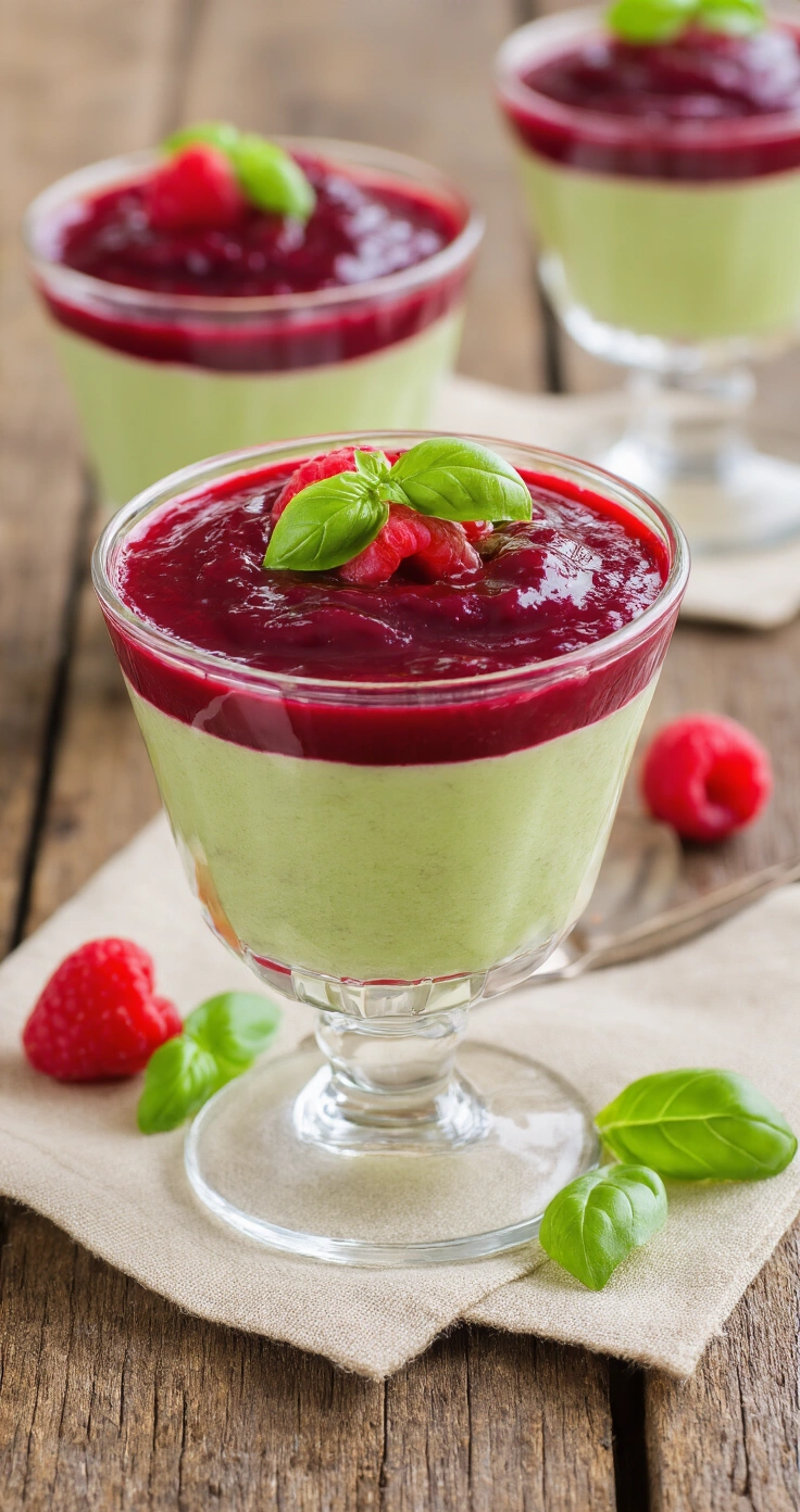 Aardbei-basilicum roomdessert: Het Romige Zomerdessert Dat Iedereen Om Het Recept Vraagt Elegant gestapelde dessertglaasjes met basilicum-room en aardbeiencoulis, versierd met aardbeienpartjes, basilicumblaadjes, poedersuiker en balsamicocrème, op een rustiek houten tafel.