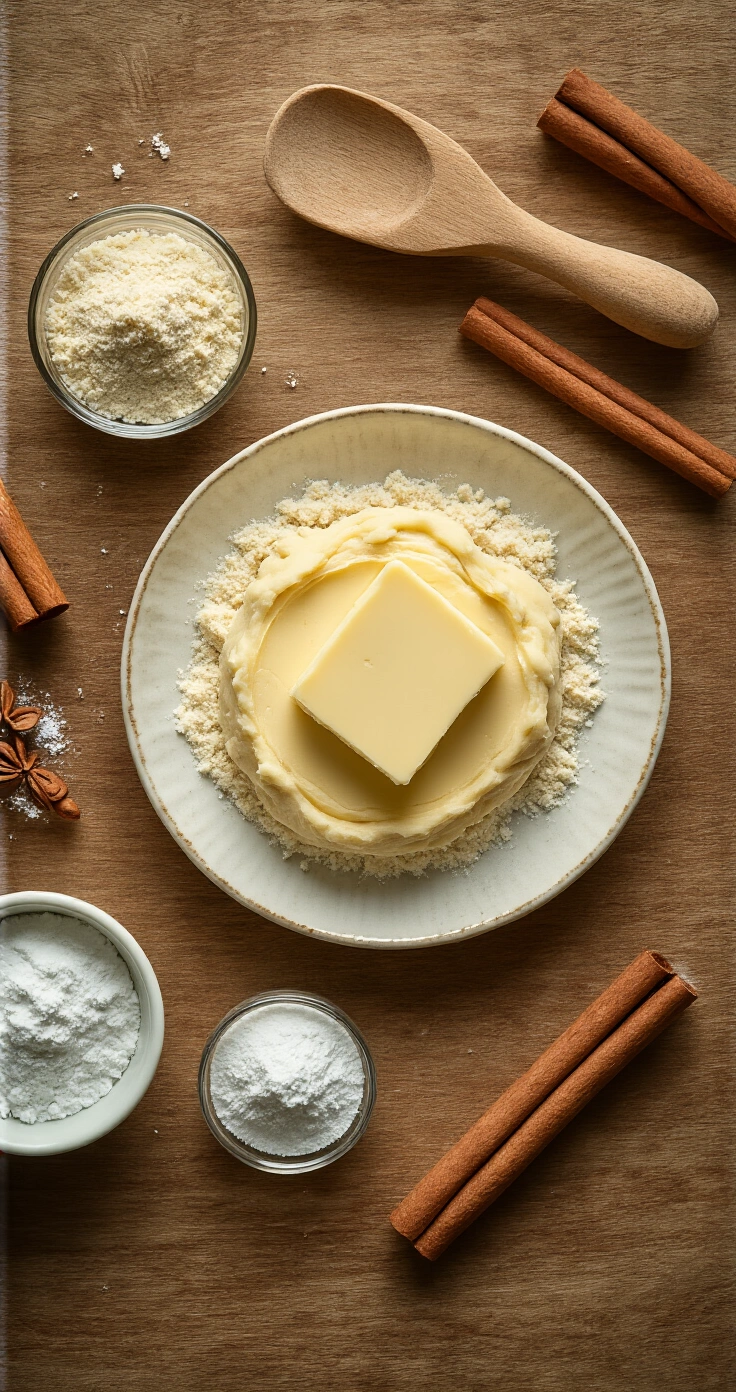 Keto Cookie Dough Balletjes: Het Perfecte No-Bake Tussendoortje Cinematisch bovenaanzicht van een houten werkblad met ingrediënten voor keto-koekjesdeeg: zachte roomboter, amandelmeel, kokosmeel, erythritol poeder, en suikervrije pure chocolade in glazen schaaltjes, met een digitale keukenweegschaal op de achtergrond. Licht en schaduw accentueren de texturen van de ingrediënten.