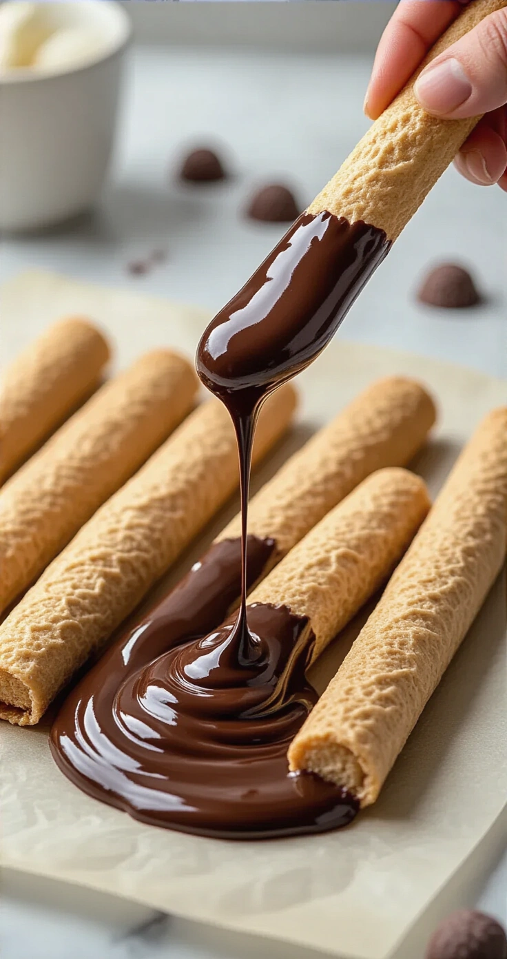 Chocolade Kokosreepjes (No-Bake) – Zelfgemaakte Kokosrepen met Pure Chocolade Ivoorkleurige kokosrepen gedeeltelijk gedoopt in donkere chocolade, met een elegante chocoladevork die een reep oplicht boven een kom gesmolten chocolade, naast repen bestrooid met grofzout en kokosrasp, gefotografeerd in een strak verlichte marmeren keuken met cinematografische belichting.