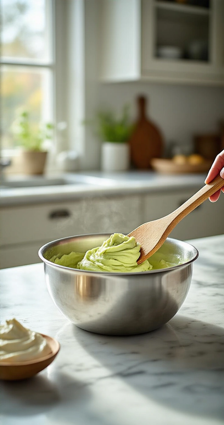 Keto Pistachemousse: Romig, Suikervrij en Klaar in 20 Minuten Close-up van een roestvrijstalen mengkom met een romige pistachebasis gemengd met mascarpone, verlicht door zacht daglicht op een marmeren werkblad. Achtergrond met poederzoetmiddel en vanille-extract, in een moderne, minimalistische keuken.