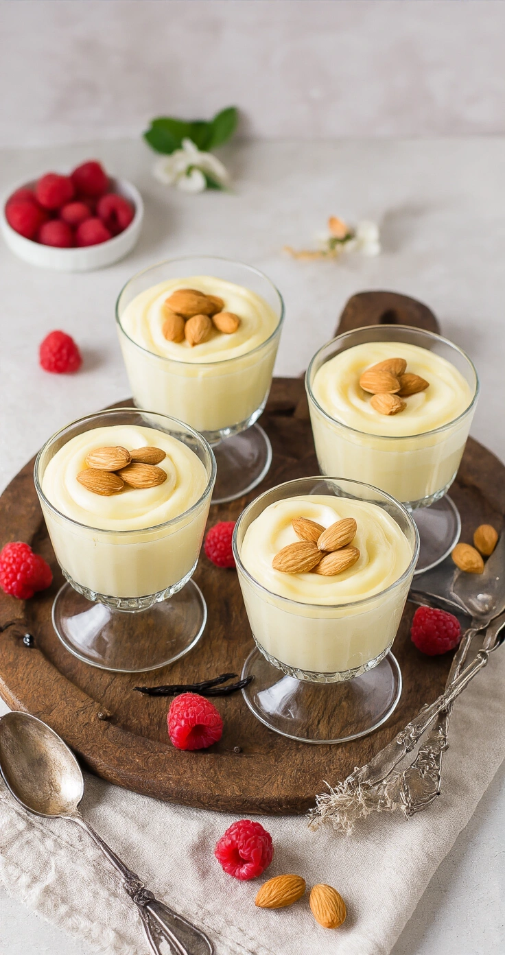 Vanilleroom met Geroosterde Amandelen: Het Makkelijkste Feestelijke Dessert dat Je Ooit Gaat Maken Elegante dessertglazen met vanilleroom, amandelen, frambozen en munt op een houten dienblad, verlicht door zacht daglicht.