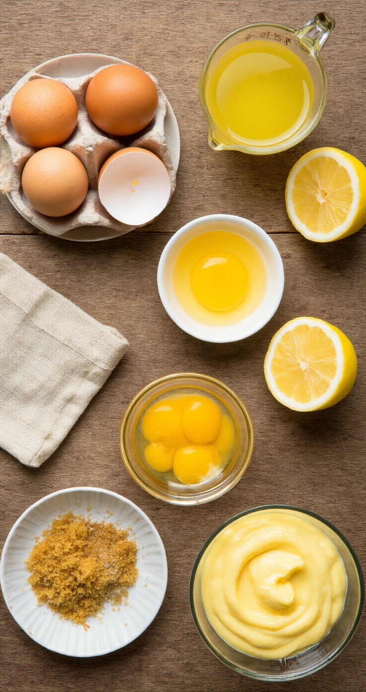 Keto Lemon Curd met Slagroom: Romig, Fris en Verrassend Makkelijk Close-up van een rustiek houten werkblad met ingrediënten voor keto citroencurd: eieren, eidooiers in een glazen schaaltje, geraspte citroenschil, citroensap, erythritol en boterblokjes, verlicht door zacht daglicht.