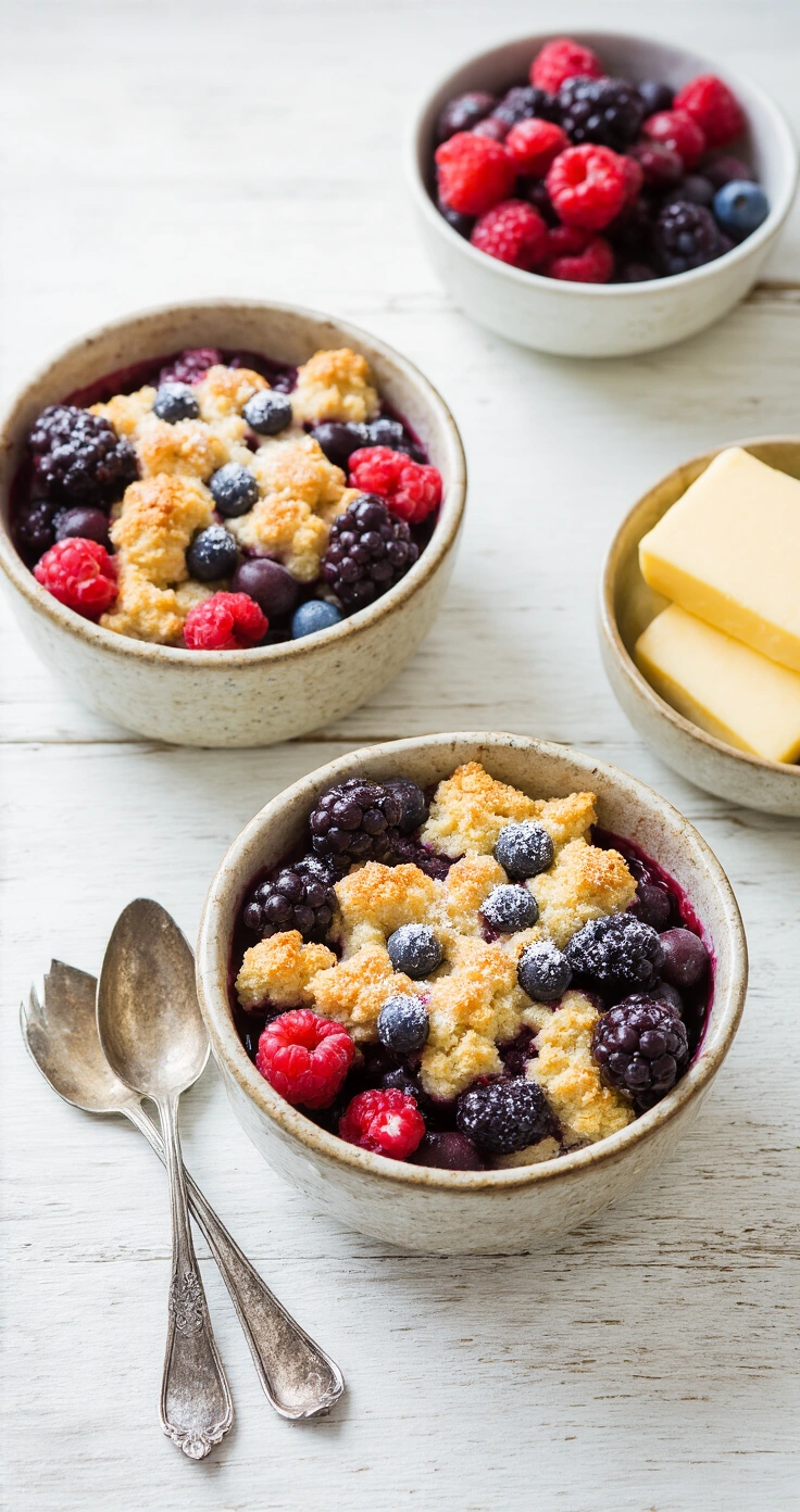 Bosvruchten Crumble met Amandelmeel Topping Close-up van aardewerken kommen met verse en bevroren bosvruchten, bestrooid met maïzena en suiker, op een rustiek houten werkblad in een Scandinavische keuken.
