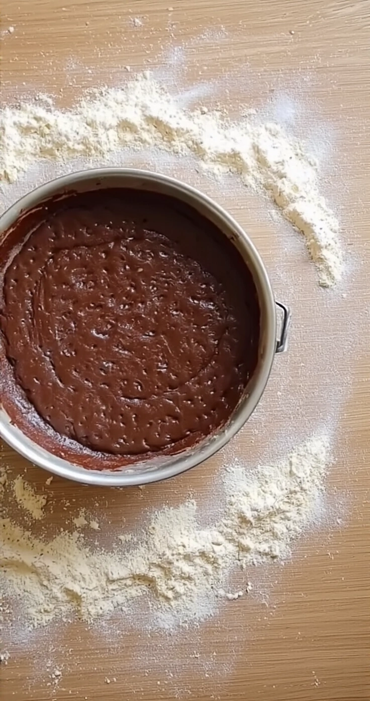 Keto Chocoladecheesecake Zonder Oven: Romig, Rijk en Suikervrij Cinematisch bovenaanzicht van een donkere chocoladebodem in een stalen springvorm, met een glasdrukplaat en ingrediënten zoals amandelmeel, erythritol, gesmolten boter en cacaopoeder op een rustiek houten werkblad.