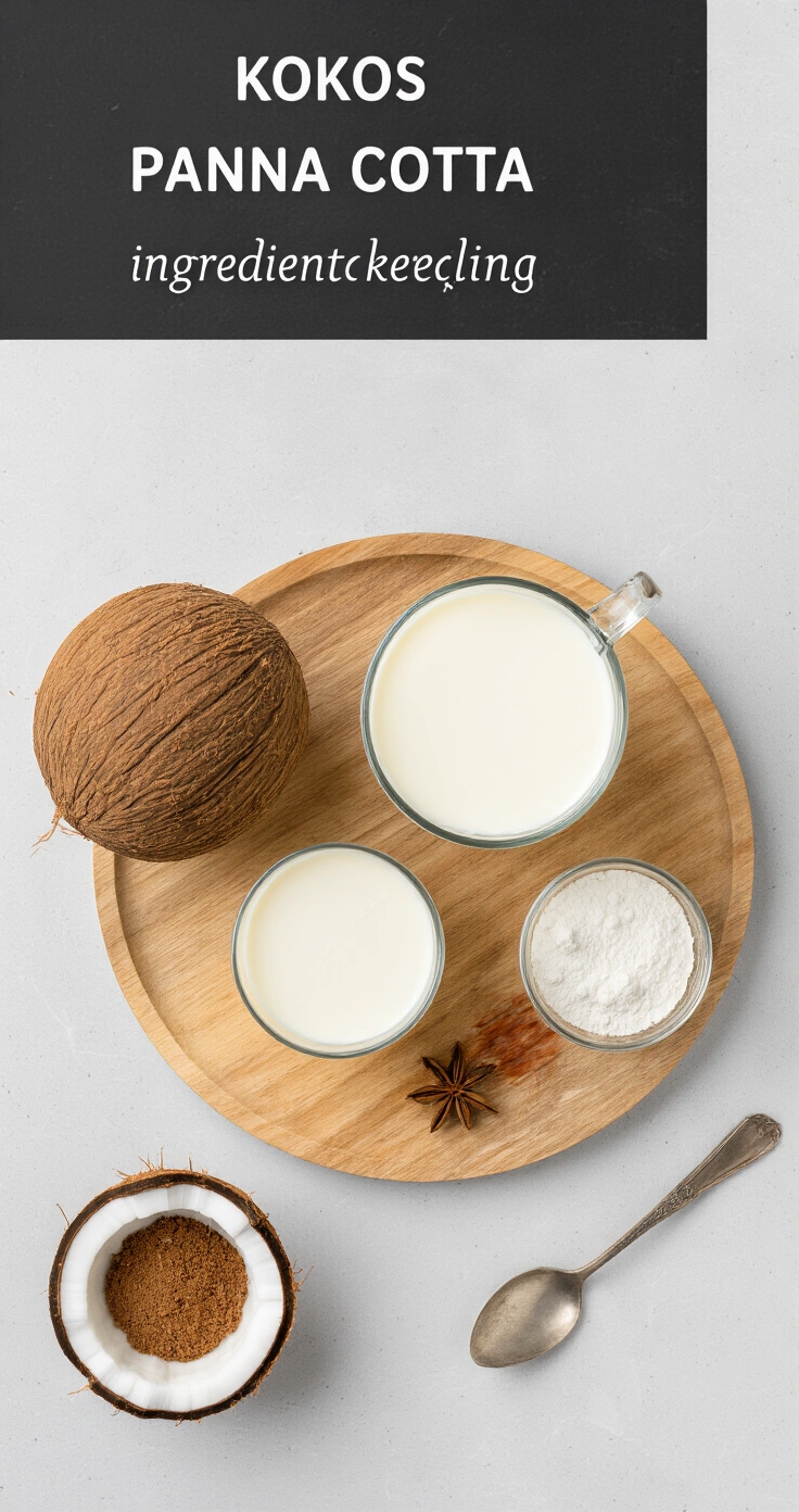 Kokos Panna Cotta met Mango-Aroma (Suikervrij) — Romig, Tropisch en Koolhydraatarm Stijlvolle flatlay van dessertglaasjes met kokosmelk, gelatine, limoenen en mango-aroma op een marmeren werkblad in een moderne keuken, verlicht door zacht daglicht.