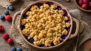 Bosvruchten Crumble met Amandelmeel Topping Rustieke aardewerken ovenschaal met dampende bosvruchten crumble en goudbruine amandelmeel-havermout topping, omringd door verse bessen en een houten lepel op een verweerd houten werkblad, met warme amberkleurige achtergrondverlichting.