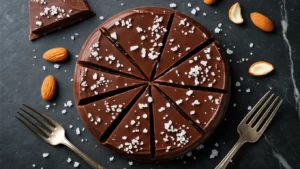 Chocolade Kokosreepjes (No-Bake) – Zelfgemaakte Kokosrepen met Pure Chocolade Homemade chocolate coconut bars with a glossy dark chocolate coating and ivory coconut filling, sprinkled with sea salt and coconut flakes, elegantly presented with a fork above a bowl of melted chocolate on a dark marble countertop.