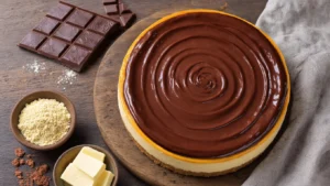 Keto Chocoladecheesecake Zonder Oven: Romig, Rijk en Suikervrij Cinematisch bovenaanzicht van een luxe keto chocoladecheesecake op een rustiek houten werkblad, omringd door ingrediënten zoals amandelmeel en cacaopoeder, met glanzende ganache die langzaam over de zijkanten druipt en decoratieve slagroomtoefjes met cacaonibs.