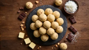 Keto Cookie Dough Balletjes: Het Perfecte No-Bake Tussendoortje Een rustiek geïllustreerd bovenaanzicht van twintig keto cookie dough balletjes op een leisteen bord, omgeven door ingrediënten zoals amandelmeel, erythritol en roomboter, met een warme houten ondergrond en zachte zijdelingse verlichting die de texturen benadrukt.