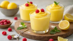 Keto Lemon Curd met Slagroom: Romig, Fris en Verrassend Makkelijk Culinaire close-up van keto lemon curd in elegante glazen met ongezoete slagroom, versierd met citroenschil, munt en frambozen, op een rustiek houten werkblad met ingrediënten op de achtergrond.