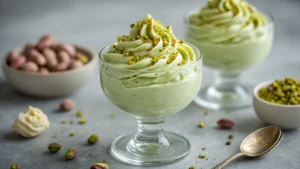 Keto Pistachemousse: Romig, Suikervrij en Klaar in 20 Minuten Elegant dessert glass filled with creamy keto pistachio mousse, topped with whipped cream and chopped pistachios, on a marble surface with scattered pistachios, a jar of unsweetened pistachio paste, and a vintage spoon, set against a warm bokeh background.
