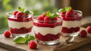 Aardbei-basilicum roomdessert: Het Romige Zomerdessert Dat Iedereen Om Het Recept Vraagt Cinematische close-up van lagen dessertglaasjes met basilicum-room en aardbeiencoulis, versierd met aardbeien en basilicum op een rustieke houten tafel, verlicht door natuurlijk licht.