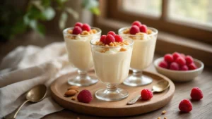 Vanilleroom met Geroosterde Amandelen: Het Makkelijkste Feestelijke Dessert dat Je Ooit Gaat Maken Elegante dessertglazen met romige vanilleroom, geroosterde amandelen en frambozen, gefotografeerd op een houten dienblad met een rustiek uitzicht en warme lichtstralen.